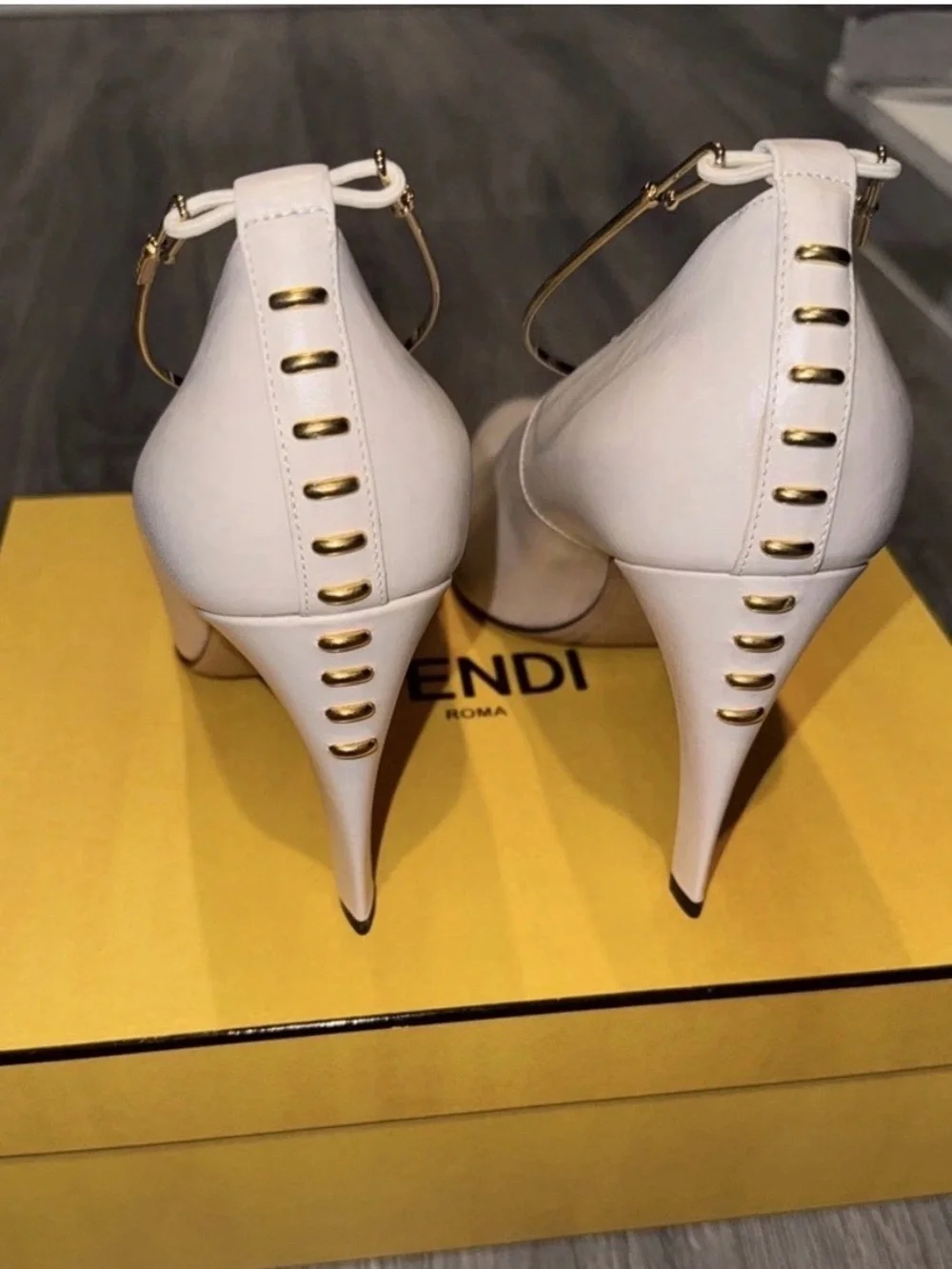Fendi beige leather pumps with gold ankle straps and studs *New in box*